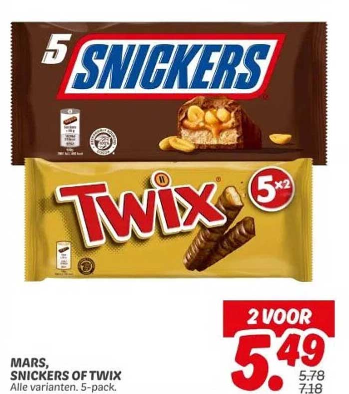 2 VOOR 5,49 - MARS, SNICKERS OF TWIX, Alle varianten. 5-pack.