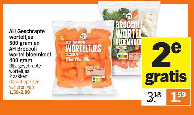 AH Geschenen worteltjes 500 gram en AH Broccoli wortel bloembool 400 gram