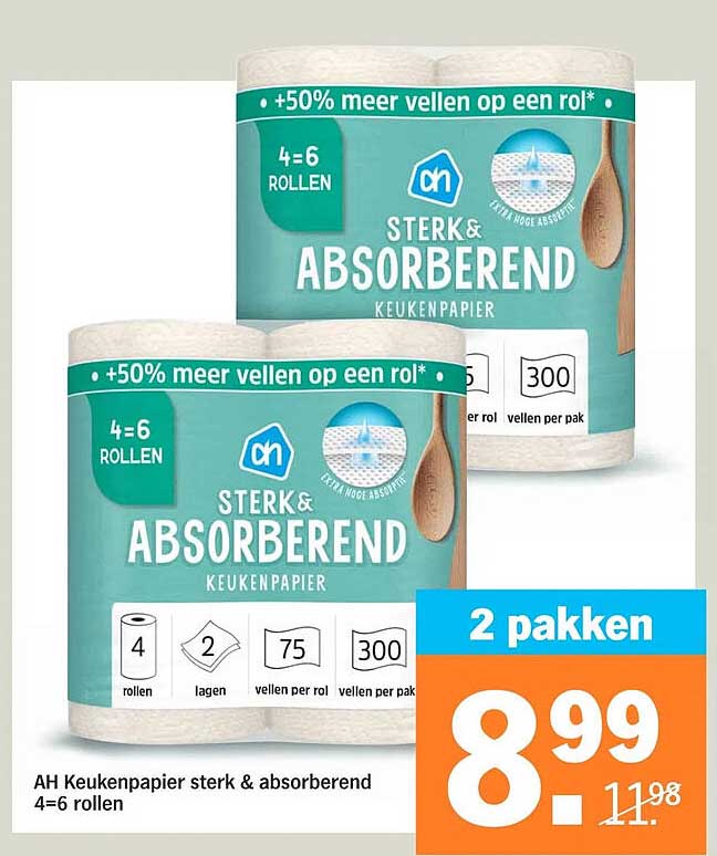 AH Keukenpapier sterk & absorberend 4=6 rollen