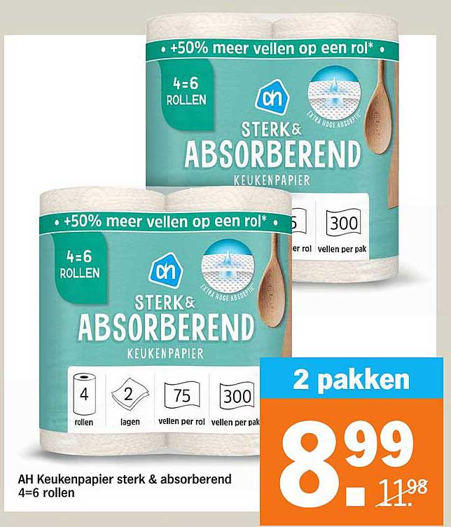 AH Keukenpapier sterk & absorberend 4=6 rollen