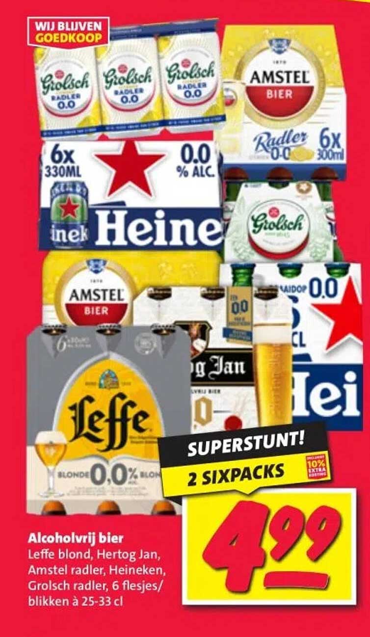 Alcoholvrij bier Leffe blond, Hertog Jan, Amstel radler, Heineken, Grolsch radler, 6 flesjes/ blikken à 25-33 cl