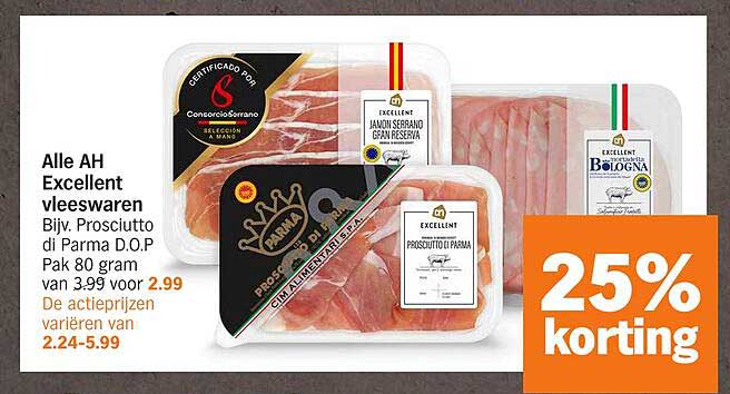 Alle AH Excellent vleeswaren Bijv. Prosciutto di Parma D.O.P Pak 80 gram van 3.99 voor 2.99