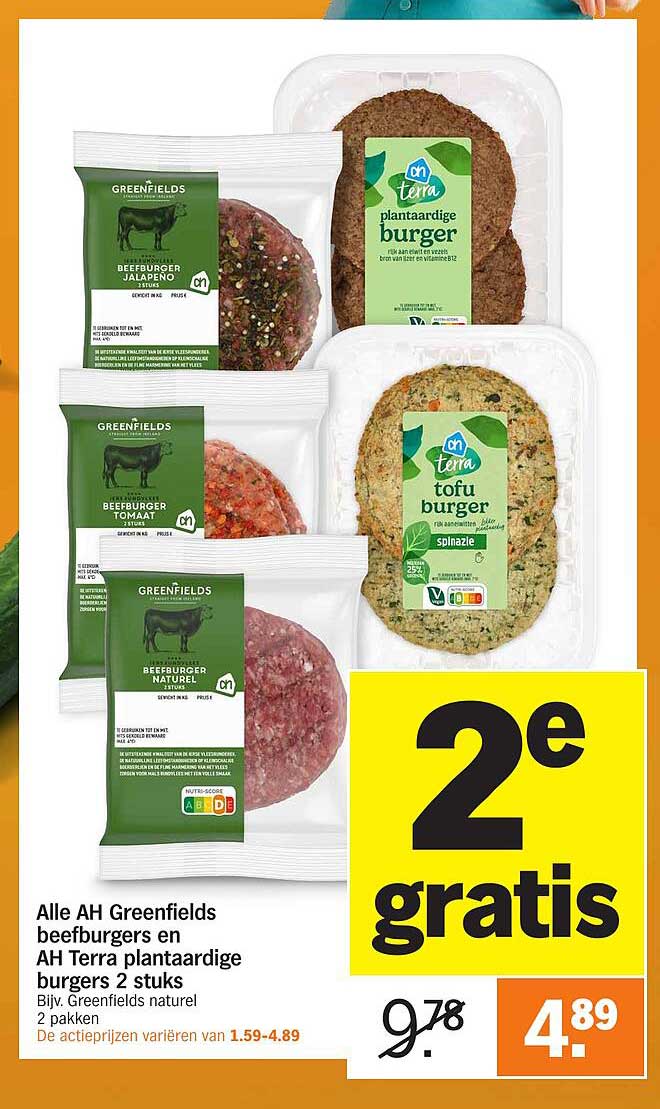Alle AH Greenfields beefburgers en AH Terra plantaardige burgers 2 stuks