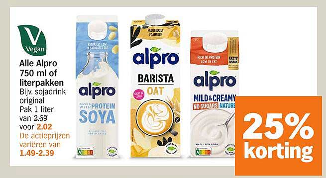 Alle Alpro 750 ml of literpakken Bijv. sojadrink original Pak 1 liter van 2,69 voor 2,02