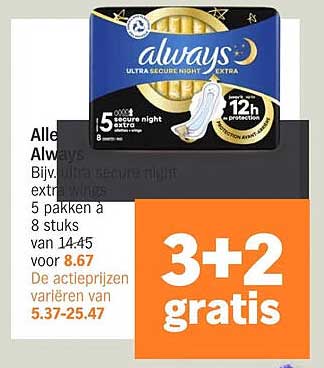 Alle Always Bijv. Ultra Secure Night Extra 5 pakken a 8 stuks voor 8.67