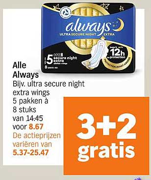 Alle Always Bijv. ultra secure night extra wings 5 pakken à 8 stuks
