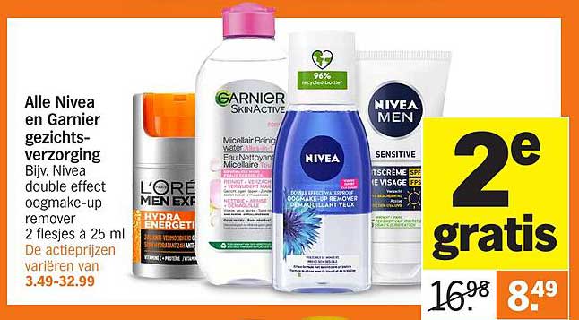 Alle Nivea en Garnier gezichtsverzorging Bijv. Nivea double effect oogmake-up remover 2 flesjes à 25 ml De actieprijzen variëren van 3.49-32.99