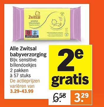 Alle Zwitsal babyverzorging, Bijv. sensitive billendoekjes 2 pakken à 57 stuks