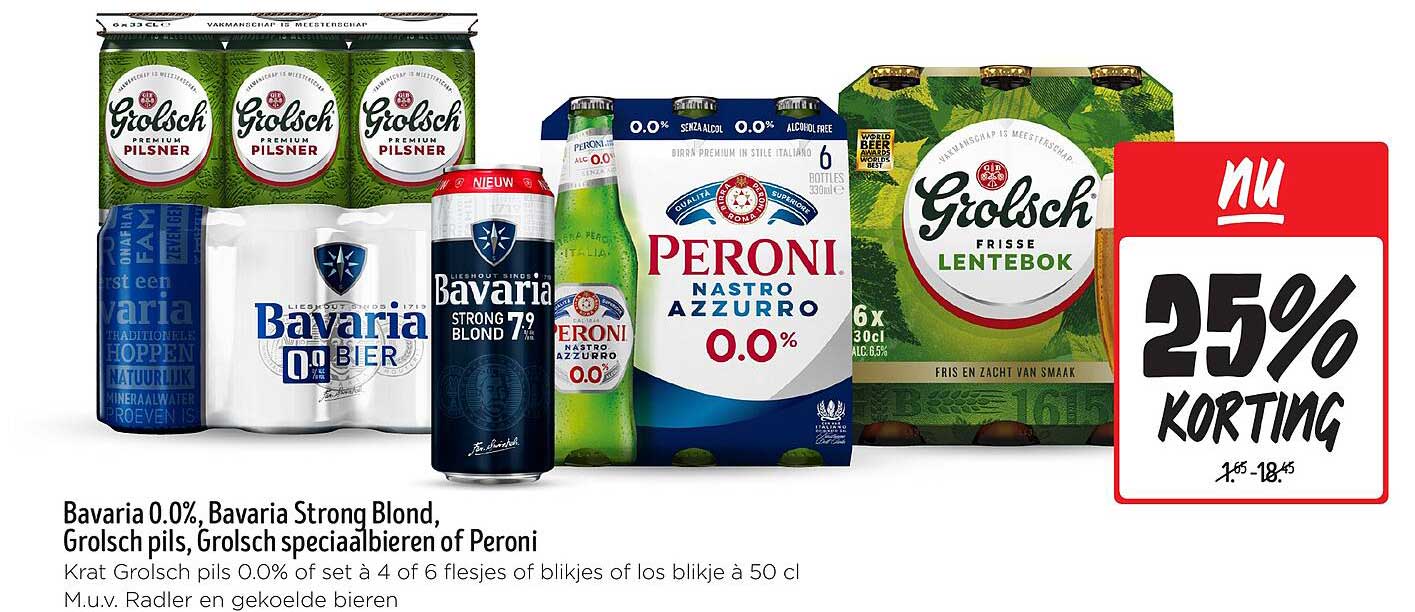 Bavaria 0.0%, Bavaria Strong Blond, Grolsch pils, Grolsch speciaalbieren of Peroni