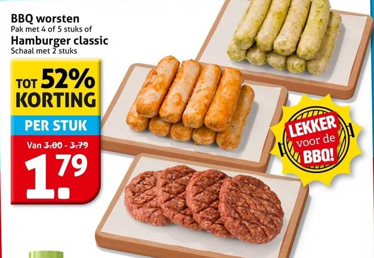 BBQ worsten Pak met 4 of 5 stuks of Hamburger classic Schaal met 2 stuks