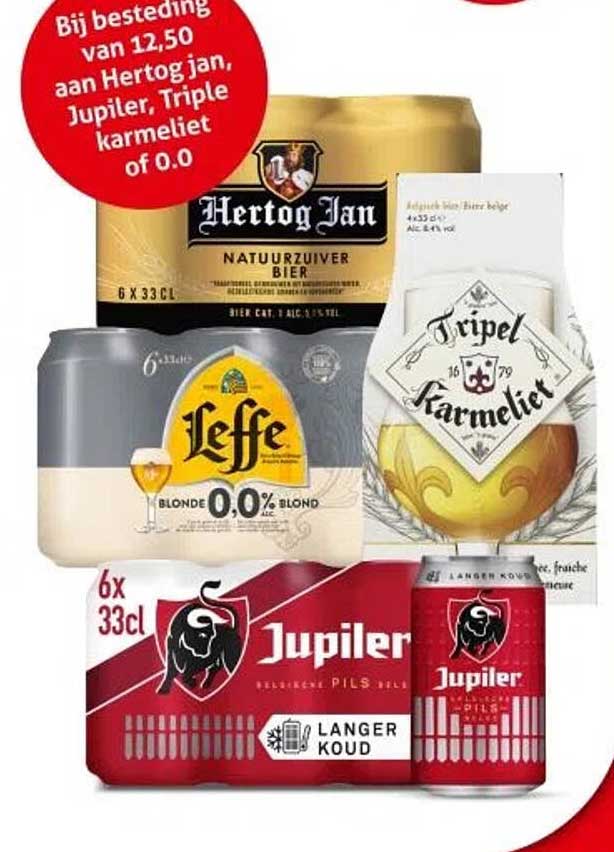 Bij besteding van 12,50 aan Hertog Jan, Jupiter, Triple Karmeliet of 0.0