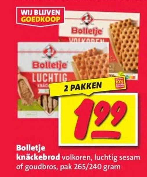 Bolletje knäckebrod volkoren, luchtig sesam of goudbros, pak 265/240 gram