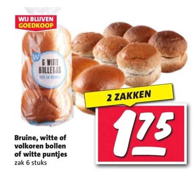 Bruine, witte of volkoren bollen of witte puntjes zak 6 stuks