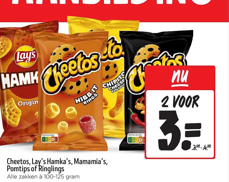 Cheetos, Lay’s Hamka’s, Mamamia’s, Pomtips of Ringlings - Alle zakken à 100-125 gram