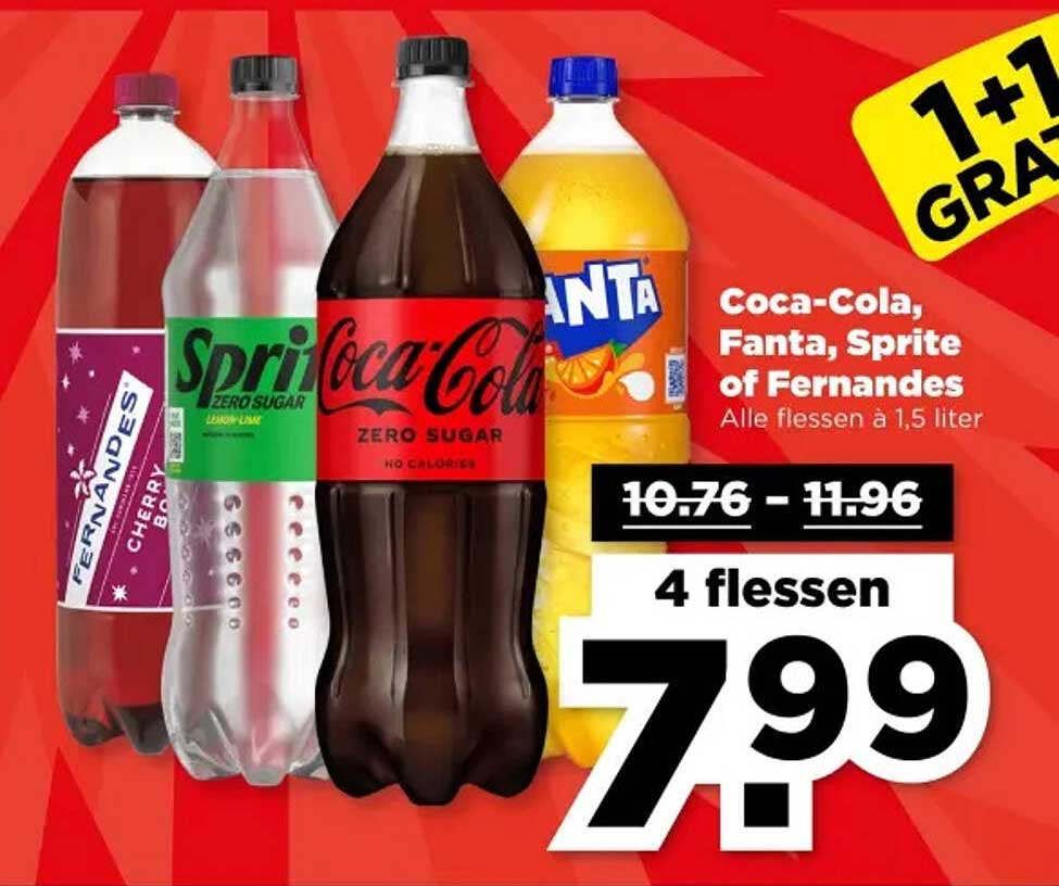 Coca-Cola, Fanta, Sprite of Fernandes - 4 flessen à 1,5 liter