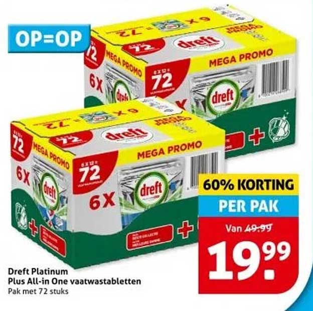Dreft Platinum Plus All-in One vaatwastabletten Pak met 72 stuks