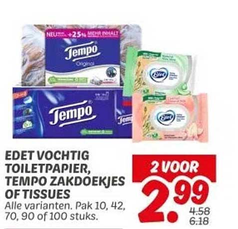Edet vochtig toiletpapier, Tempo zakdoekjes of tissues - 2 voor €2,99