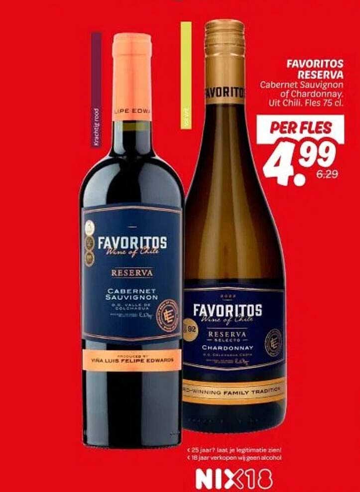 FAVORITOS RESERVA Cabernet Sauvignon of Chardonnay Uit Chili. Fles 75 cl.