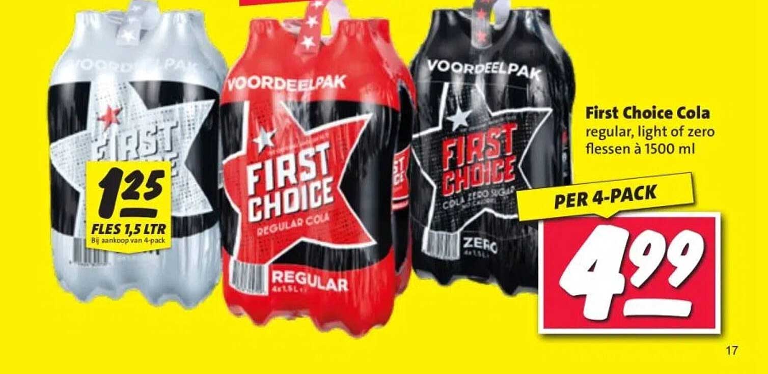 First Choice Cola regular, light of zero flessen à 1500 ml