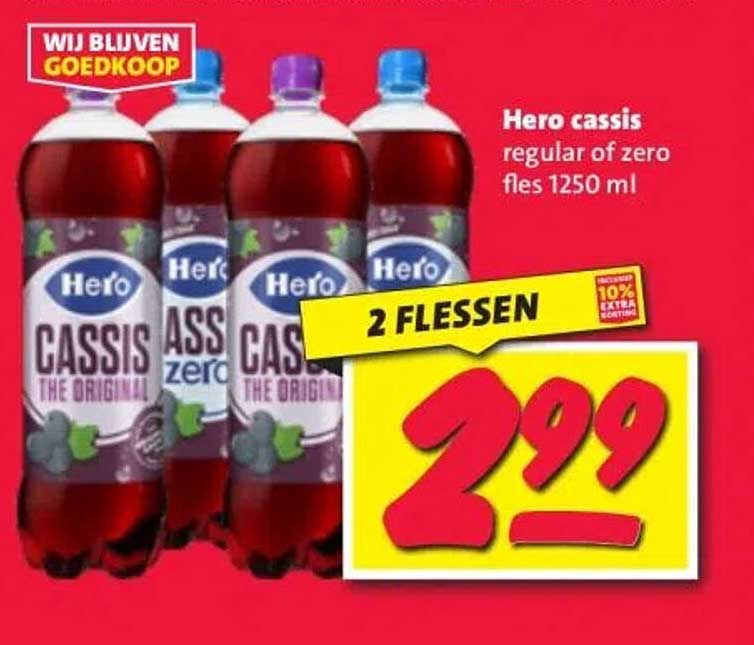 Hero cassis regular of zero fles 1250 ml - 2 flessen voor €2,99