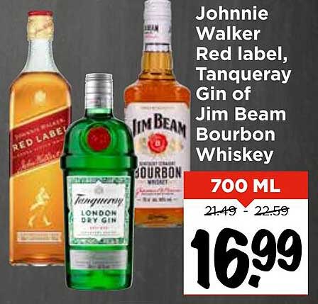 Johnnie Walker Red label, Tanqueray Gin of Jim Beam Bourbon Whiskey