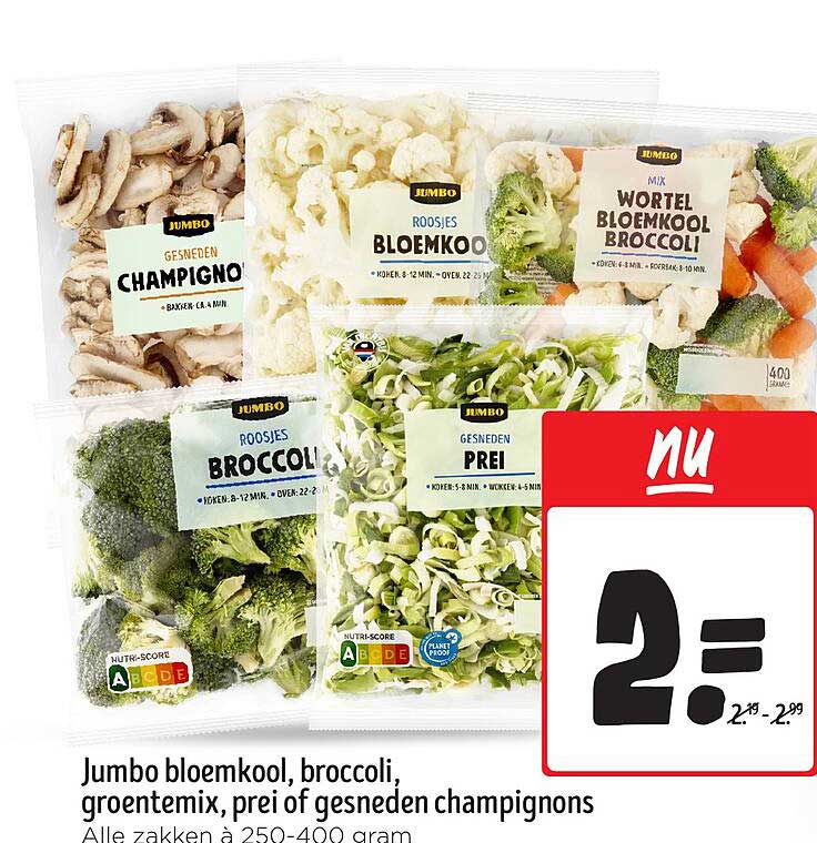 Jumbo bloemkool, broccoli, groentemix, prei of gesneden champignons