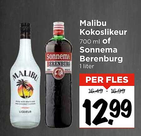 Malibu Kokoslikeur 700 ml of Sonnema Berenburg 1 liter