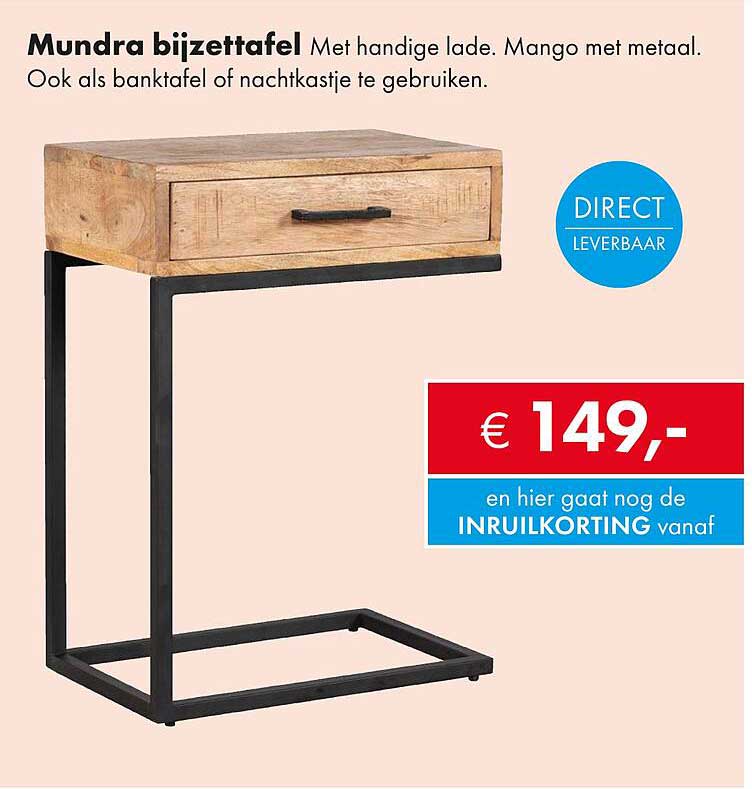 Mundra bijzettafel Met handige lade. Mango met metaal. Ook als banktafel of nachtkastje te gebruiken.