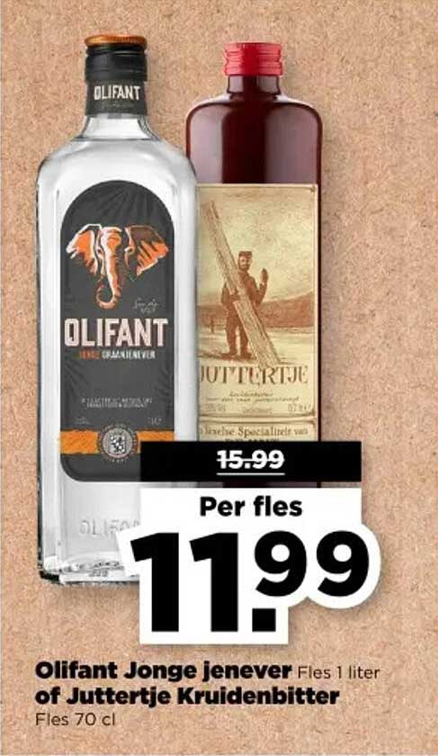 Olifant Jonge jenever Fles 1 liter of Juttertje Kruidenbitter Fles 70 cl