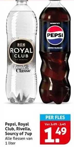 Pepsi, Royal Club, Rivella, Sourcy of 7up - Alle flessen van 1 liter