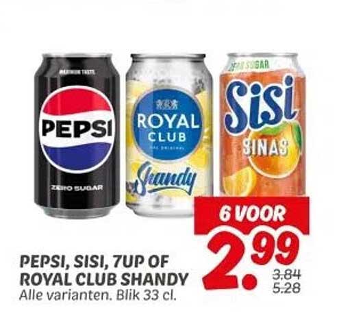 PEPSI, SISI, 7UP OF ROYAL CLUB SHANDY 6 VOOR 2,99