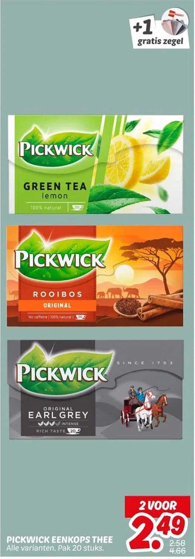 PICKWICK EENKOPS THEE Alle varianten. Pak 20 stuks.
