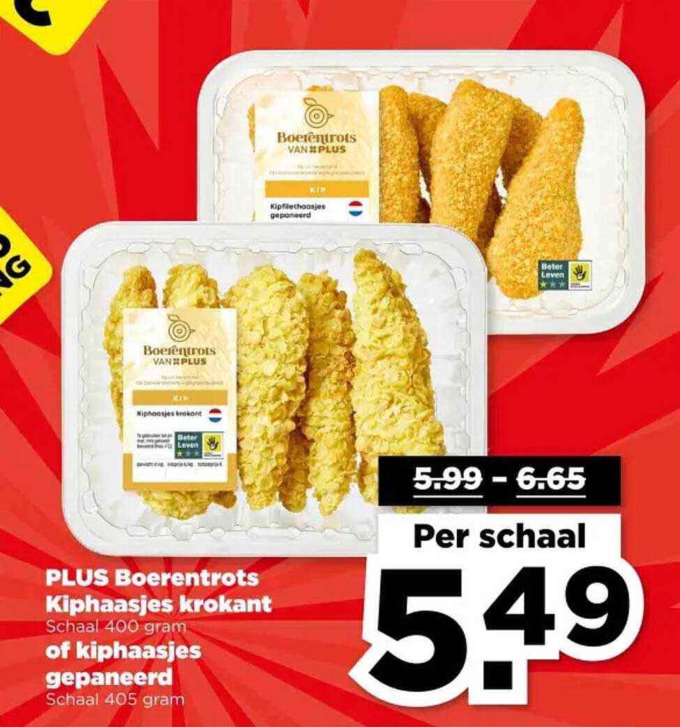 PLUS Boerenrots Kiphaasjes krokant of kiphaasjes gepaneerd Schaal 405 gram