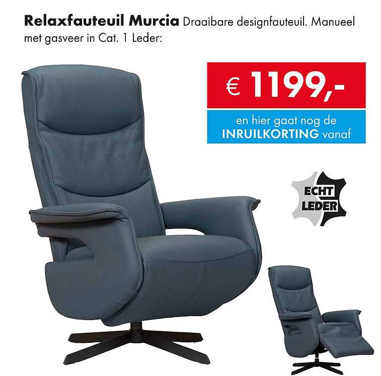 Relaxfauteuil Murcia Draaibare designfauteuil. Manueel met gasveer in Cat. 1 Leder: