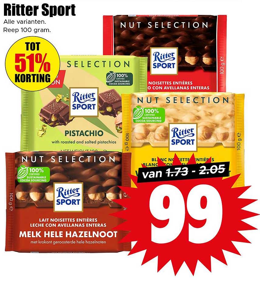 Ritter Sport Nut Selection - Melk Hele Hazelnoot, Pistachio en meer