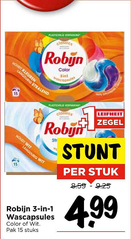 Robijn 3-in-1 Wascapsules Color of Wit. Pak 15 stuks