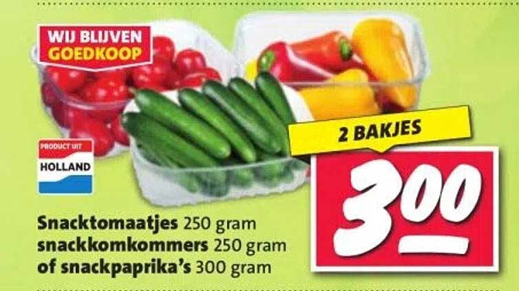 Snacktomaatjes 250 gram, snackkomkommers 250 gram of snackpaprika's 300 gram
