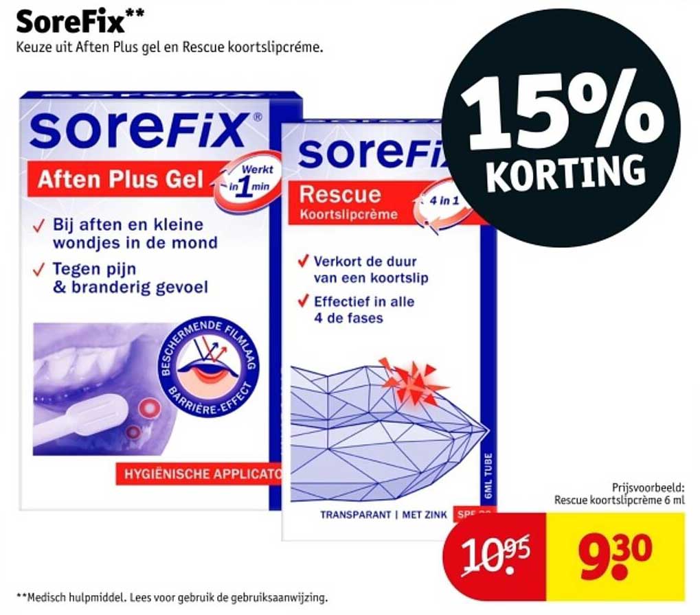 SoreFix Aften Plus Gel en Rescue Koortslipcrème - 15% Korting
