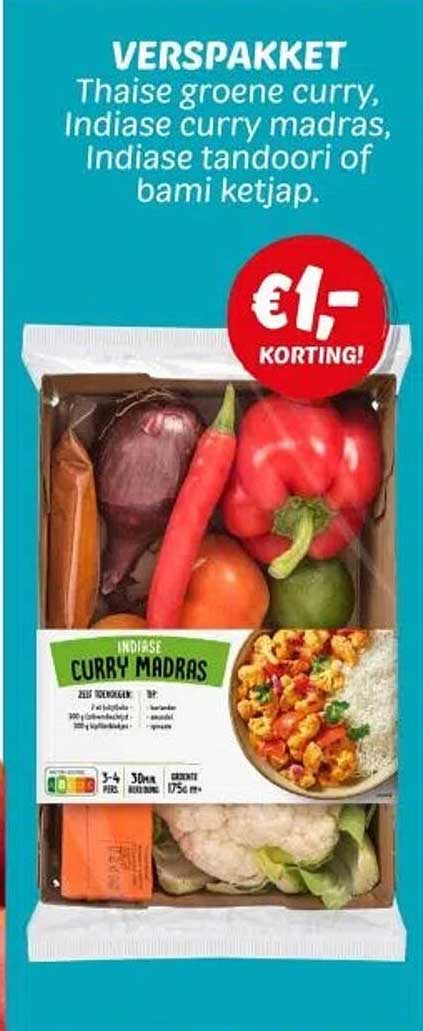 VERSPAKKET Thaise groene curry, Indiase curry madras, Indiase tandoori of bami ketjap