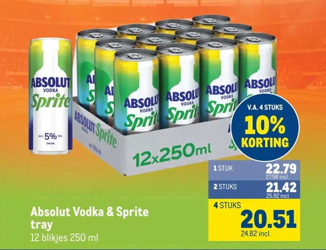 Absolut Vodka & Sprite tray 12 blikjes 250 ml - v.a. 4 stuks 10% korting