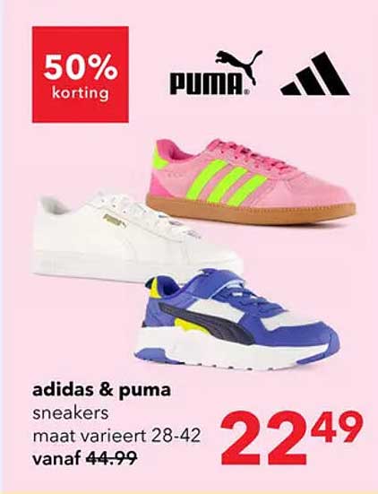 adidas & puma sneakers maat varieert 28-42 vanaf 44.99 50% korting