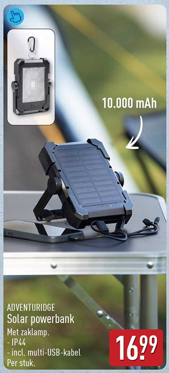 ADVENTURIDGE Solar powerbank Met zaklamp. - IP44 - incl. multi-USB-kabel - Per stuk.