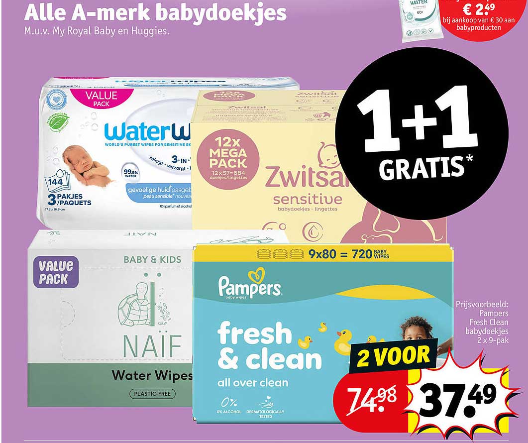 Alle A-merk babydoekjes 1+1 gratis