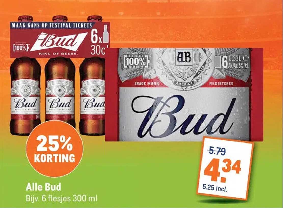 Alle Bud Bijv. 6 flesjes 300 ml 25% KORTING