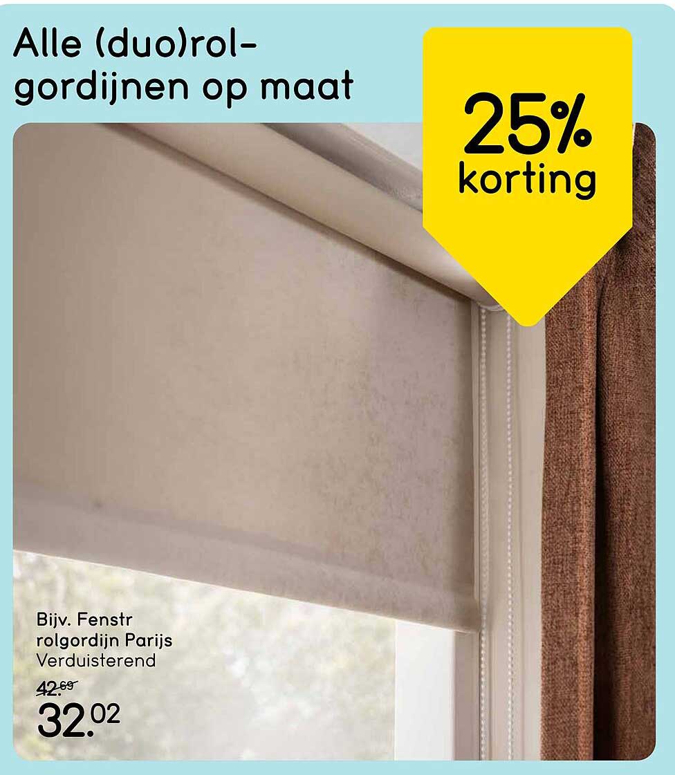 Alle (duo)rol-gordijnen op maat 25% korting