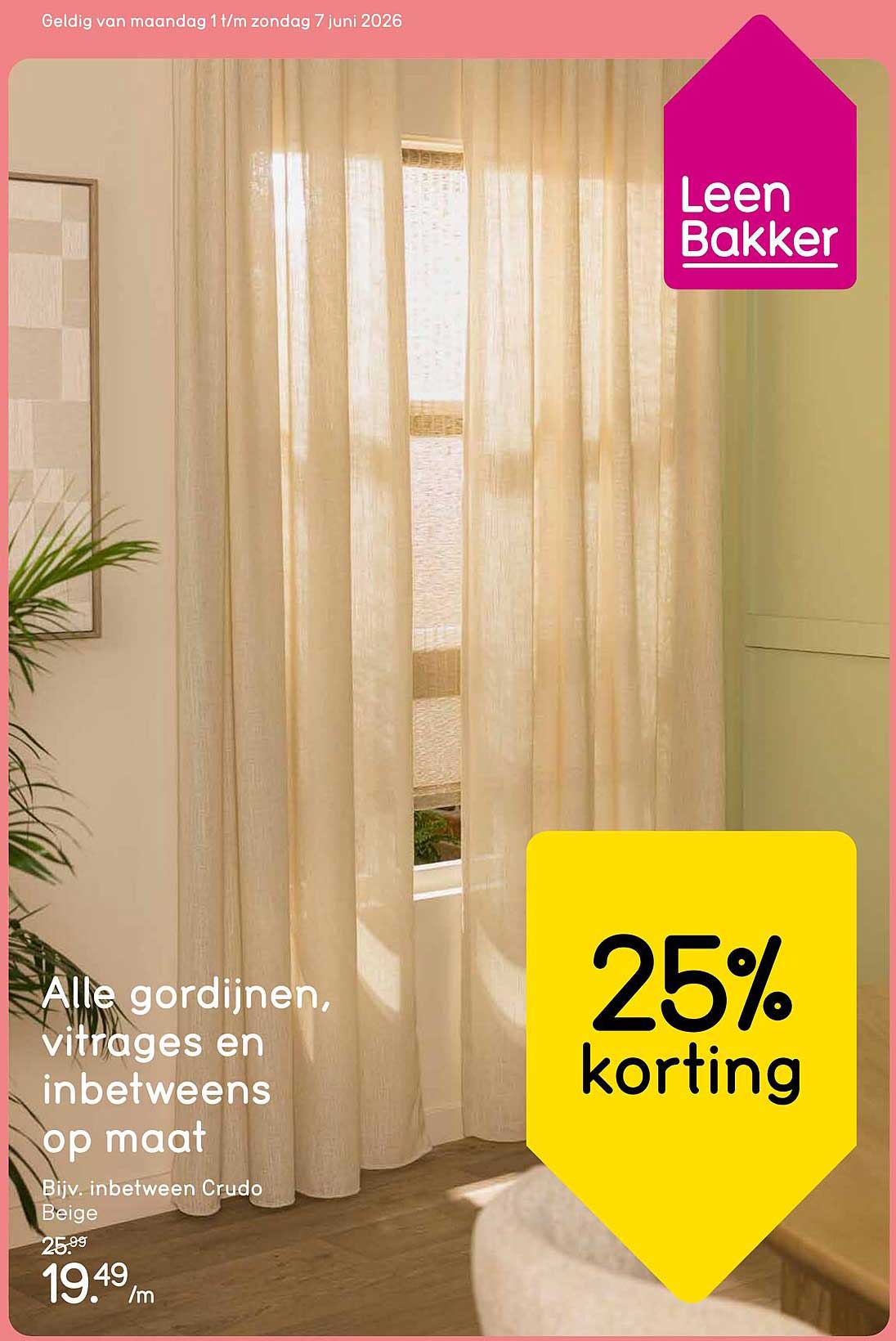 Alle gordijnen, vitrages en inbetweens op maat 25% korting
