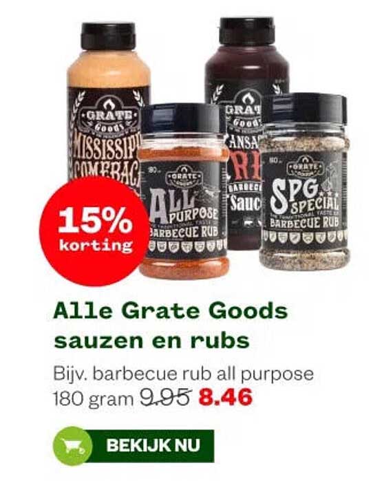 Alle Grate Goods sauzen en rubs 15% korting