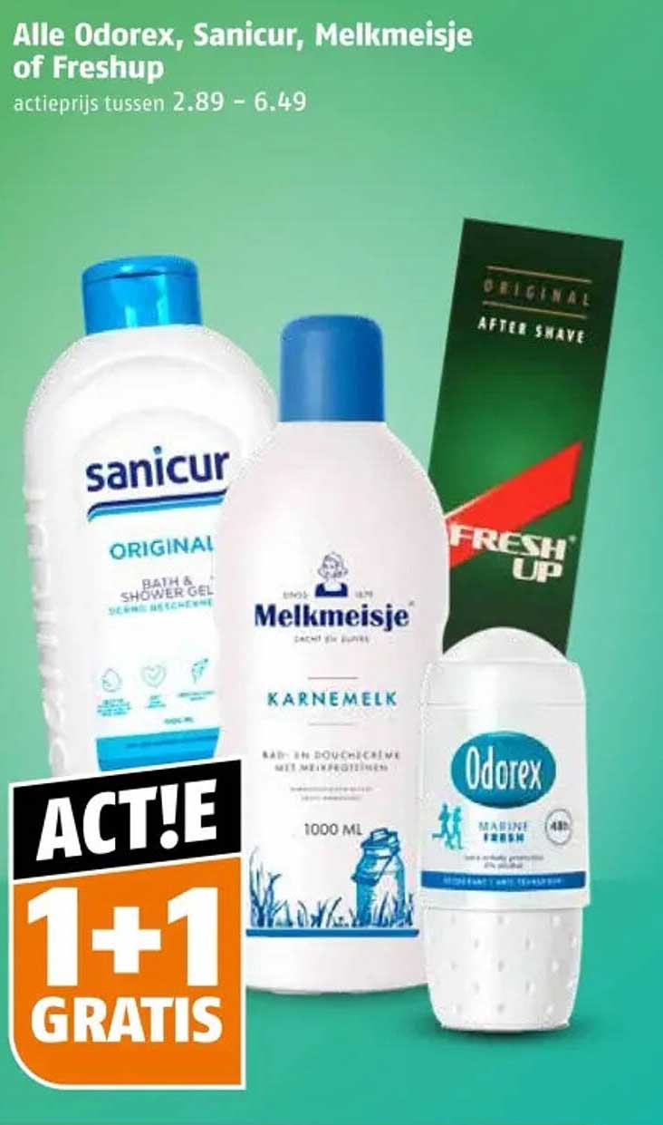 Alle Odorex, Sanicur, Melkmeisje of Freshup 1+1 gratis