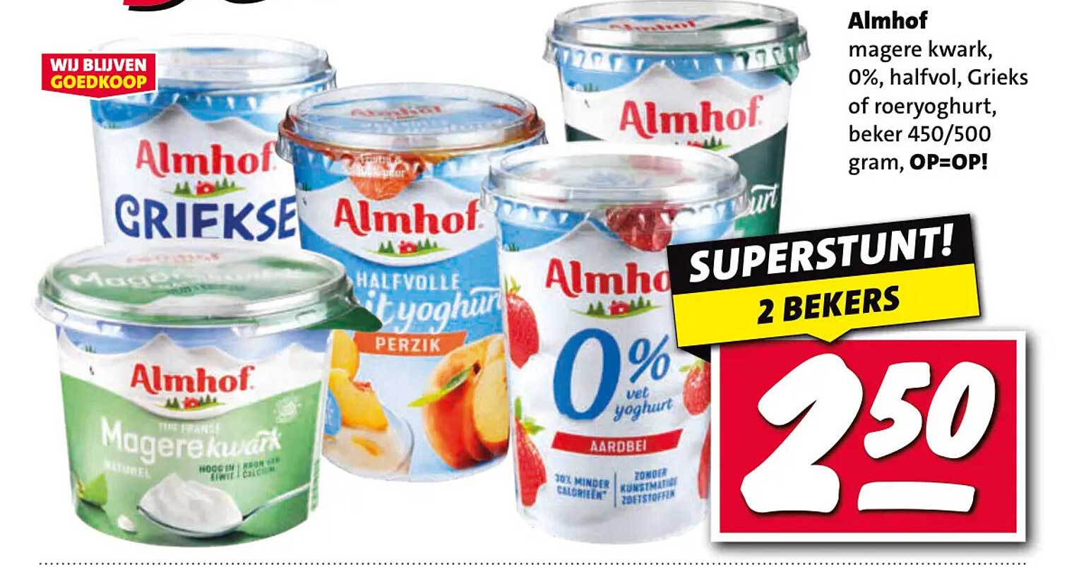 Almhof magere kwark, 0%, halfvol, Grieks of roeryoghurt, beker 450/500 gram, OP=OP! SUPERSTUNT! 2 BEKERS