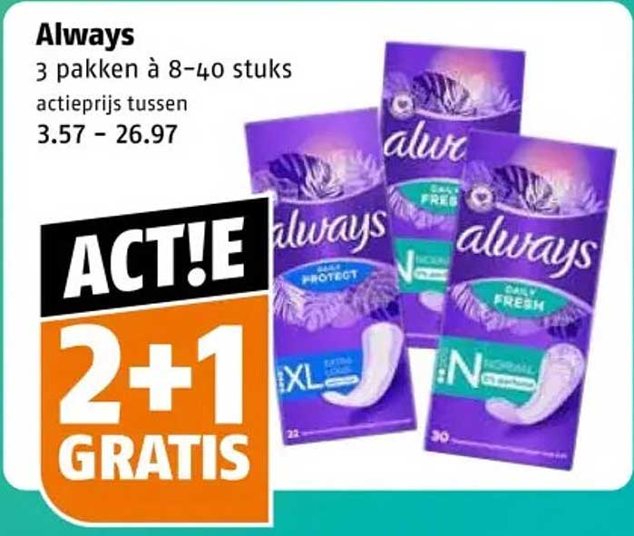 Always 3 pakken à 8-40 stuks actprijs tussen 3.57 - 26.97 ACT!E 2+1 GRATIS